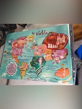 Colorful World Map Wall Art - Teal, Pink, Orange